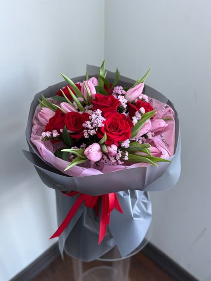 Pink tulip red rose bouquet Toronto Florist Vaughan Flower shop Toy Florist