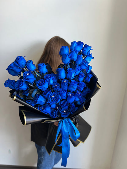 Blue Flowers Heart Rose Bouquet