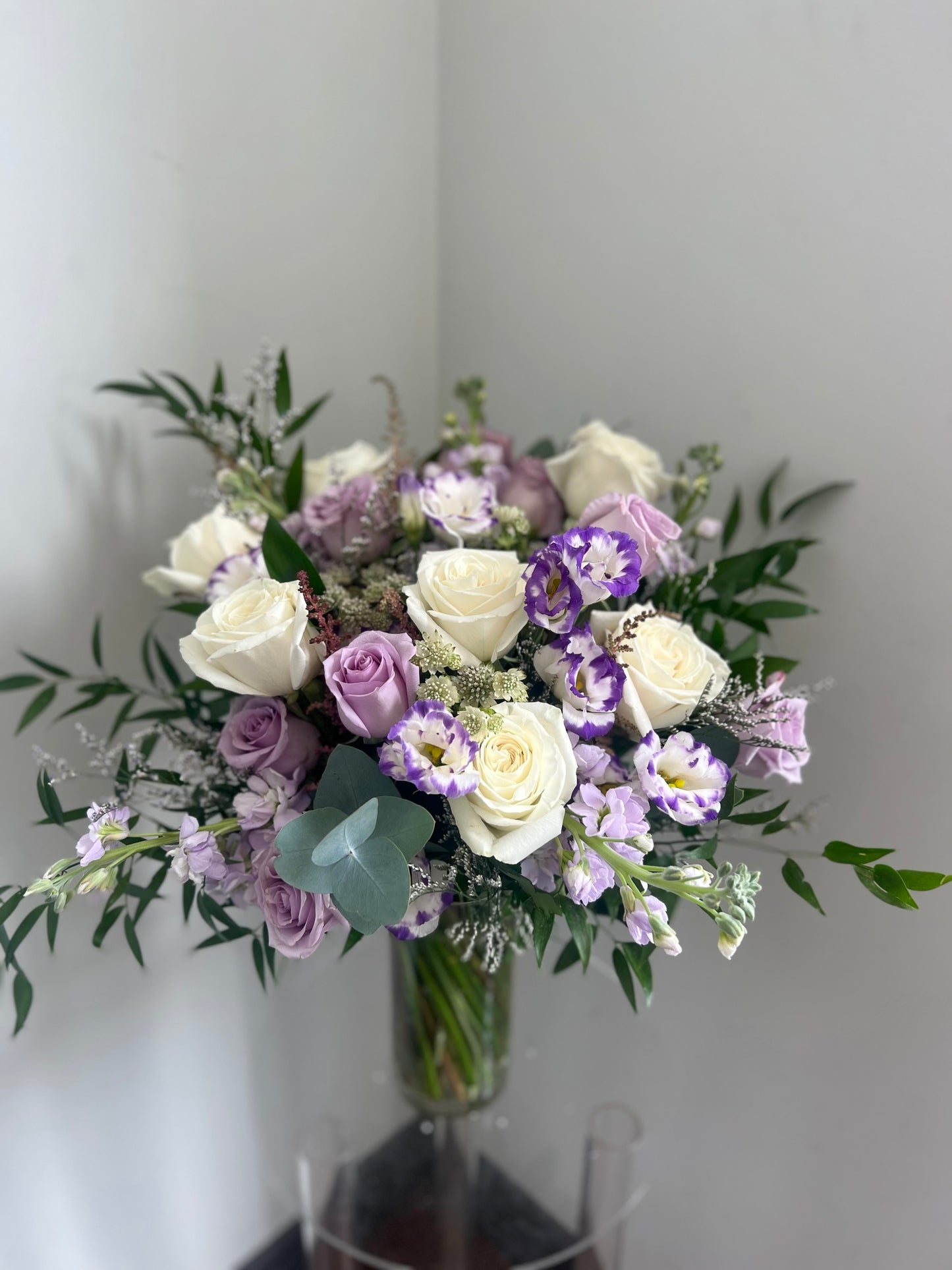 White and Purple Roses Flower Vase Arrangement